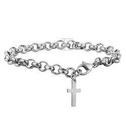Stainless Steel Color Stainless Steel Cross Charm Bracelet with Rolo Chains for Easter, Stainless Steel Color, 7-7/8 inch(20cm)
