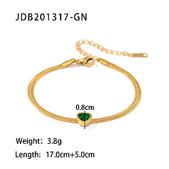 JDB201317-GN Fashion Versatile 18K Gold Plated Stainless Steel Inlaid Green/White/Pink Heart Zircon Snake Chain Bracelet for Women