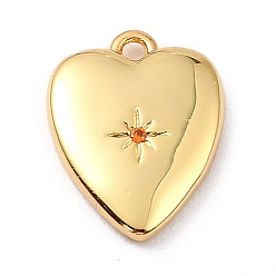 Orange Red Brass Micro Pave Cubic Zirconia Charms, Long-Lasting Plated, Real 18K Gold Plated, Heart with Star, Orange Red, 13x10x2mm, Hole: 1mm