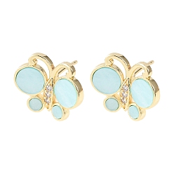 Светло-Голубой Латунные микро проложить серьги стержня кубического циркония, cmолой, реальный 18 k позолоченный, долговечный, без кадмия и без свинца, стойки покрытие, Небесно-голубой, 13x15.5 мм