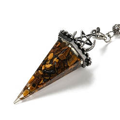 Тигровый глаз Большие подвески-маятники из натурального тигрового глаза и биолокации из смолы, с реечной накладкой из латуни с фурнитурой под античное серебро, без свинца и без кадмия, шестиугольный конус, 300~305 мм