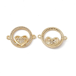 Real 18K Gold Plated Brass Micro Pave Clear Cubic Zirconia Connector Charms, Ring with Heart Links, Real 18K Gold Plated, 16x21.5x3mm, Hole: 1.4mm