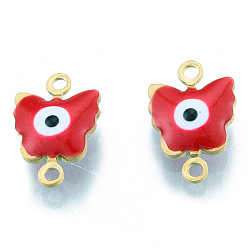 Red 304 Stainless Steel Enamel Connector Charms, Real 18K Gold Plated, Butterfly with Evil Eye Charm, Red, 12.5x8.5x3mm, Hole: 1.2mm