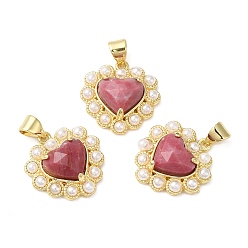 Rhodonite Natural Rhodonite Pendants, Faceted Heart Charms, with Ion Plating(IP) Brass Findings and Plastic Beads, Real 14K Gold Plated, 18~18.5x17.5~18x5.5~6.8mm, Hole: 4.5x3.5mm