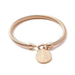 Розовое Золото Ионное покрытие (ip) 304 браслет из нержавеющей стали святого бенедикта с витой веревкой для женщин, розовое золото , внутренний диаметр: 2-3/8 дюйм (6 см)