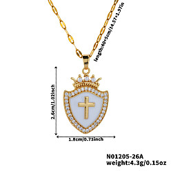 Белый Модные хип-хоп латунные прозрачные кубические цирконии щит крест корона кулон ожерелья, с эмалью, идеально подходит для ежедневных вечеринок, золотые, белые, 15.75 дюйм (40 см)