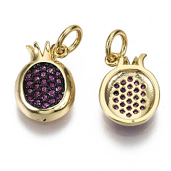 Real 16K Gold Plated Brass Micro Pave Cubic Zirconia Charms, with Jump Ring, Nickel Free, Pomegranate, Purple, Real 16K Gold Plated, 12x9x2.5mm, Jump Ring: 5x1mm, 3mm inner diameter