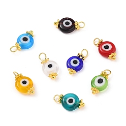 Mixed Color Handmade Evil Eye Lampwork Charms, with Brass Eye Pin and Tibetan Style Alloy Spacer Beads, Flat Round, Mixed Color, 14.5x8x3.5mm, Hole: 2.4mm