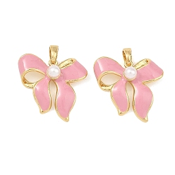 Pink Подвески из латуни с эмалью и имитацией жемчуга из АБС-пластика, бантом прелести, стойки покрытие, долговечный, без кадмия и без свинца, реальный 18 k позолоченный, розовые, 19.5x21x5.5 мм, отверстие : 4.5x3 мм