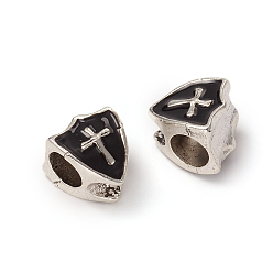 Black Antique Silver Plated Alloy European Beads, Large Hole Beads, with Enamel, Shield with Cross, Black, 10x9.5x8mm, Hole: 5mm