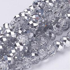 Clear Electroplate Glass Bead Strands, Half Silver Plated, Faceted, Rondelle, Clear, 10x7mm, Hole: 1mm, about 70~72pcs/strand, 19.8 inch