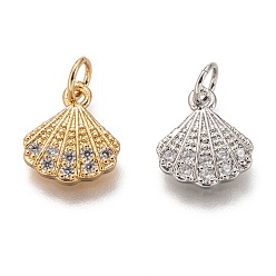 Mixed Color Brass Micro Pave Clear Cubic Zirconia Charms, Long-Lasting Plated, with Jump Ring, Shell Shape, Mixed Color, 12x10x2mm, Jump Ring: 5x1mm, 3mm Inner Diameter