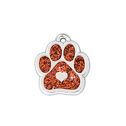 Coral Enamel Pendants, with Platinum Plated Alloy Findings and Glitter Powder, Dog Paw Prints with Heart, Coral, 18.8x16.5x2.2mm, Hole: 1.5mm