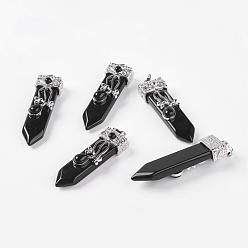 Obsidian Natural Obsidian Big Pendants, with Alloy Findings, Arrow, Platinum, 56~58x16x10mm, Hole: 5x7mm