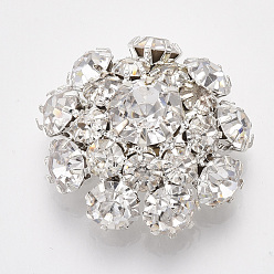 Crystal Silver Color Plated Brass Shank Buttons, with Rhinestone, 1-Hole, Flower, Crystal, 22x22x9mm, Hole: 1.2mm