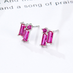 Fuchsia Cubic Zirconia Rectangle Stud Earrings, Silver 925 Sterling Silver Post Earrings, with 925 Stamp, Fuchsia, 8.5x5.8mm