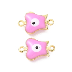 Pink Brass Enamel Connector Charms, Real 18K Gold Plated, Evil Eye Pattern, Pink, 12.5x8x3.5mm, Hole: 1mm
