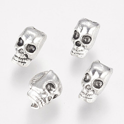 Antique Silver Alloy European Beads, Large Hole Beads, Skull, Antique Silver, 12x9x7.5mm, Hole: 4mm