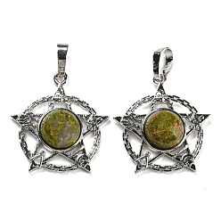 Унакит Природные подвески Unakite, подвеска в виде стойки из латуни со звездой, платина, без кадмия и без свинца, 27.5x25.5x7~8 мм, отверстие : 8x5 мм