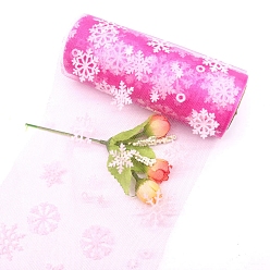 Deep Pink 10 Yards Christmas Polyester Deco Mesh Ribbon, Printed Snowflake Tulle Fabric, for Bowknot Making, Deep Pink, 150mm