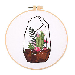Cactus DIY Embroidery Kits, Including Printed Cotton Fabric, Embroidery Thread & Needles, Imitation Bamboo Embroidery Hoop, Cactus Pattern, Hoop: 20x20cm