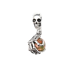 Unakite Halloween Skull Natural Unakite Alloy Pendants, Skeleton Hand Charms with Gems Sphere Ball, Antique Silver, 43x19mm