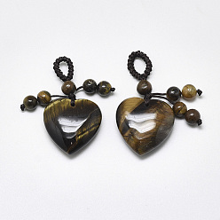Tiger Eye Natural Tiger Eye Pendants, with Braided Nylon Cord, Heart, 45~50mm, Hole: 5~7mm