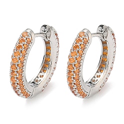 Оранжевый Латунные микро проложить серьги обруча кубического циркония, без кадмия и без свинца, долговечный, стойки покрытие, платина, оранжевые, 16.5x17x3.5 мм