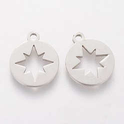 Stainless Steel Color 201 Stainless Steel Charms, Flat Round with Hollow Star, Stainless Steel Color, 14x12x1.2mm, Hole: 1.5mm