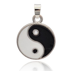 Platinum Feng Shui Black & White Alloy Enamel Pendants, Flat Round with Yin Yang, Platinum, 28x23x2mm, Hole: 3mm