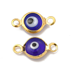 Mauve Ion Plating(IP) 304 Stainless Steel Connector Charms, Flat Round Links with Evil Eye Pattern, with Glass Enamel, Real 18K Gold Plated, Mauve, 13x6.5x2.5mm, Hole: 1.5mm