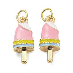 Pink Ice Cream Rack Plating Brass Enamel Pendants, with Jump Ring, Long-Lasting Plated, Cadmium Free & Lead Free, Real 18K Gold Plated, Pink, 19x7.5x5mm, Hole: 3.8mm