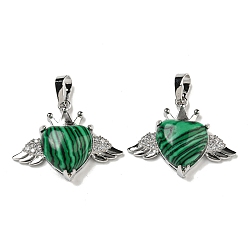 Малахит Синтетический малахит с подвесками из прозрачного кубического циркония, Подвески в форме сердца и крыльев с фурнитурой из латуни с металлическим покрытием, платина, без кадмия и без свинца, 25x31.5x8.5~9 мм, отверстие : 7.9x5 мм