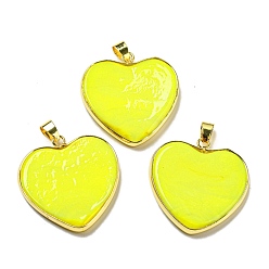 Yellow Handmade Lampwork Pendants, with Brass Findings, Long-Lasting Plated, Lead Free & Cadmium Free, Heart Charms, Yellow, 31~32x31~31.5x5mm, Hole: 6.5x4mm