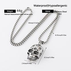 Stainless Steel Color Men's 304 Stainless Steel Halloween Skull Star Pendant Necklaces, Stainless Steel Color, 23.62 inch(60cm)