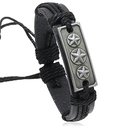 Black Alloy Star Link Bracelet, Imitation Leather Adjustable Bracelet with Jute Cords, Black, Inner Diameter: 2-1/8~3 inch(5.5~7.5cm)