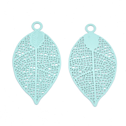 Pale Turquoise 430 Stainless Steel Filigree Pendants, Spray Painted, Etched Metal Embellishments, Leaf, Pale Turquoise, 38x19x0.4mm, Hole: 2.4mm