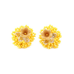 golden Handmade Floral Earrings with Beaded Flower Design