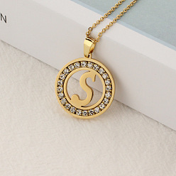 Letter S Crystal Rhinestone Initial Letter Pendant Necklace with Cable Chains, Stainless Steel Jewelry for Women, Golden, Letter.S, 15.75 inch(40cm)