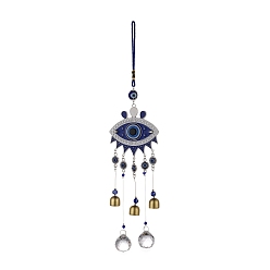 Antique Silver Alloy Turkish Blue Evil Eye Pendant Decoration, with Bell & Crystal Prisms, for Home Wall Hanging Amulet Ornament, Antique Silver, 420mm
