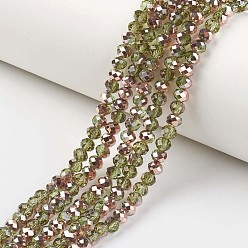 Vert Jaune Plaquent verre transparent perles brins, la moitié du cuivre plaqué, facette, rondelle, vert jaune, 3.5x3mm, Trou: 0.4mm, Environ 123~127 pcs/chapelet, 13.7~14.1 pouce (35~36 cm)