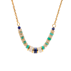 Lapis Lazuli Natural Lapis Lazuli Beaded Pendant Necklace, with Golden Titanium Steel Chains, 15.35 inch(39cm)