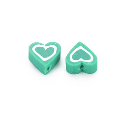 Medium Sea Green Handmade Polymer Clay Beads, Heart, Medium Sea Green, 8.5~9x8.5~10x4mm, Hole: 1.4~1.6mm