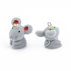 Gray Opaque Resin Pendants, with Platinum Tone Iron Loops, Flocky Mouse Charms, Gray, 25.5~28x24.5x25~26mm, Hole: 2.5mm