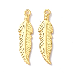 Matte Gold Color Rack Plating Alloy Pendants, Cadmium Free & Lead Free & Nickle Free, Feather Charm, Matte Gold Color, 25.5x6.5x2mm, Hole: 1.5mm