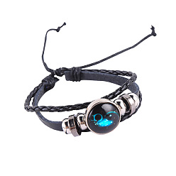 Aquarius Vintage Zodiac Constellation Leather Bracelet with Glass Night Sky and Glow-in-the-Dark Stars for Couples