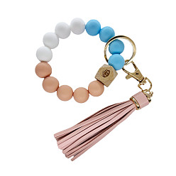 7 Colorful Silicone Bead Bracelet Keychain with PU Leather Tassel Pendant for Women