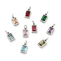 Mixed Color 304 Stainless Steel Pendants, with Cubic Zirconia and Jump Rings, Single Stone Charms, Rectangle, Stainless Steel Color, Mixed Color, 9.5x6x3mm, Hole: 3.6mm