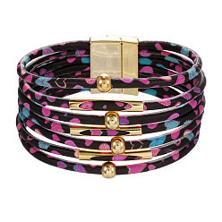 black bracelet Leopard Print Magnetic Clasp Leather Bracelet - Beaded Leather Cord Bracelet, Copper Tube Bangle, Jewelry.