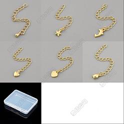 Mixed Shapes 30Pcs 6 Styles Brass Ends with Chains, Golden, Mixed Shapes, 55~64mm, 5pcs/style 